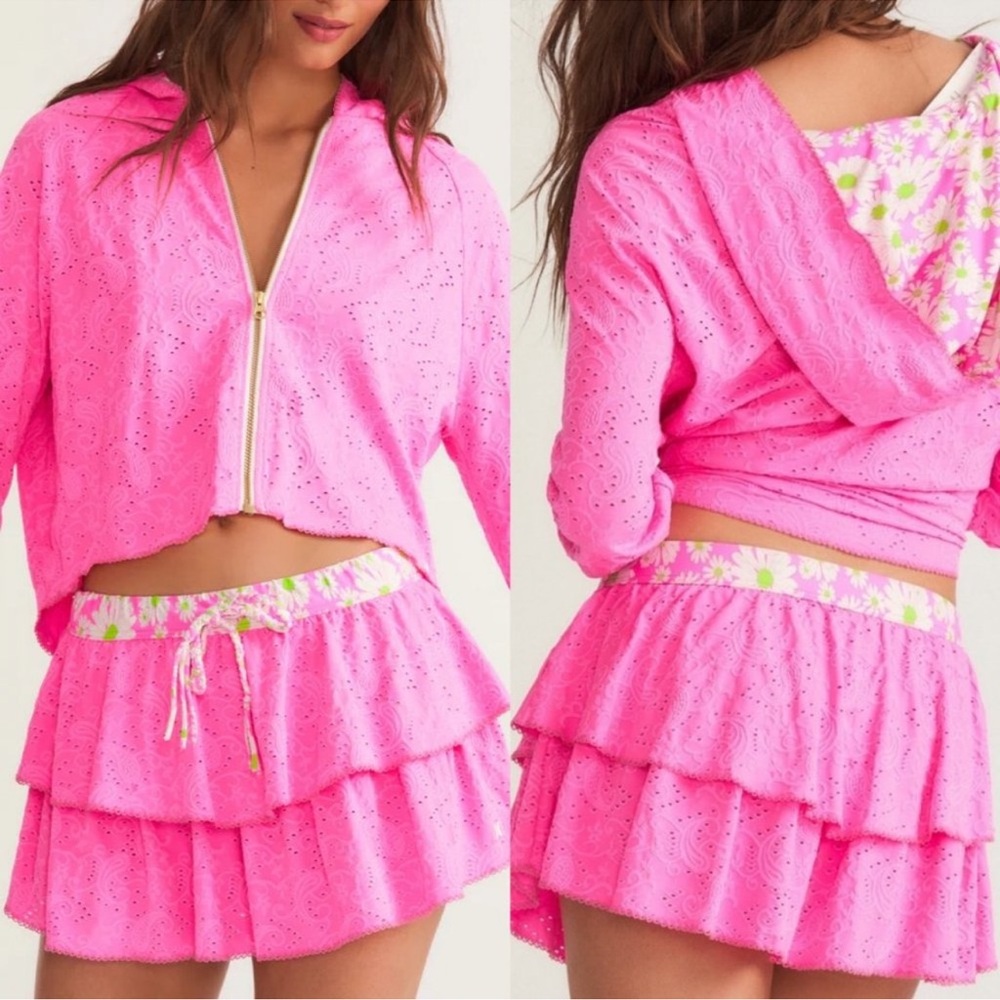Loveshackfancy X Hurley Collaboration L Neon Pink Floral Eyelet Jacket Skirt Set